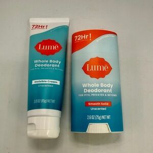 2 New Lume Whole Body Deodorant - Invisible Cream Tube & Stick, Unscented